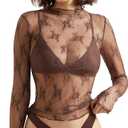 SUUKSESS Women Sexy Mesh Sheer Long Sleeve Tops Mock Neck Going Out Lace Shirts (Large, Chocolate)