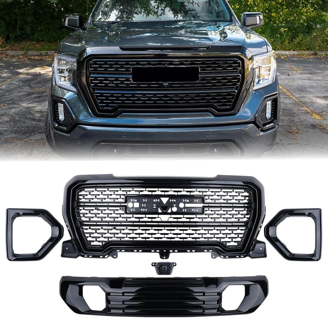 Grille Set 5pcs Compatible with 2019-2022 GMC Sierra 1500 Denali AT4 Front Upper Grill Lower Grille Trim Plate Fog Light Bezels Camera bracket Black Kit 84508282 84176747