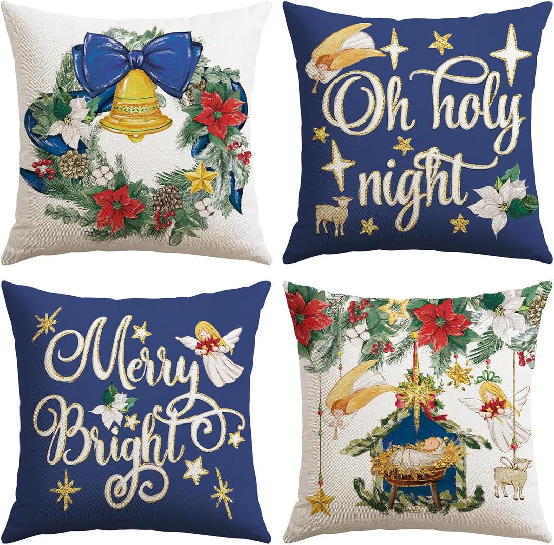 Artscope Christmas Oh Holy Night Merry Bright Jesus Wreath Throw Pillow Covers 20x20 Inch Set of 4, Winter Hoilday Christmas Decoration Pillow Cases for Home Sofa Couch Decor-Blue
