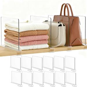 Purse Organizer for Closet Shelf Dividers: 12-Pack Adjustable Clear Acrylic Bag Storage Organizer for Handbags, Sweaters, Towels, Jeans and Shoes on Wood Shelves (Standard: 8" Tall x 12" Deep)