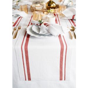Solino Home 100% Pure Linen Table Runner, 16 x 120 in, Red and White Stripe | French Stripe Table Runners for dining, console and side tables; woven stripe with neatly mitered corners; OEKO-TEX Certified