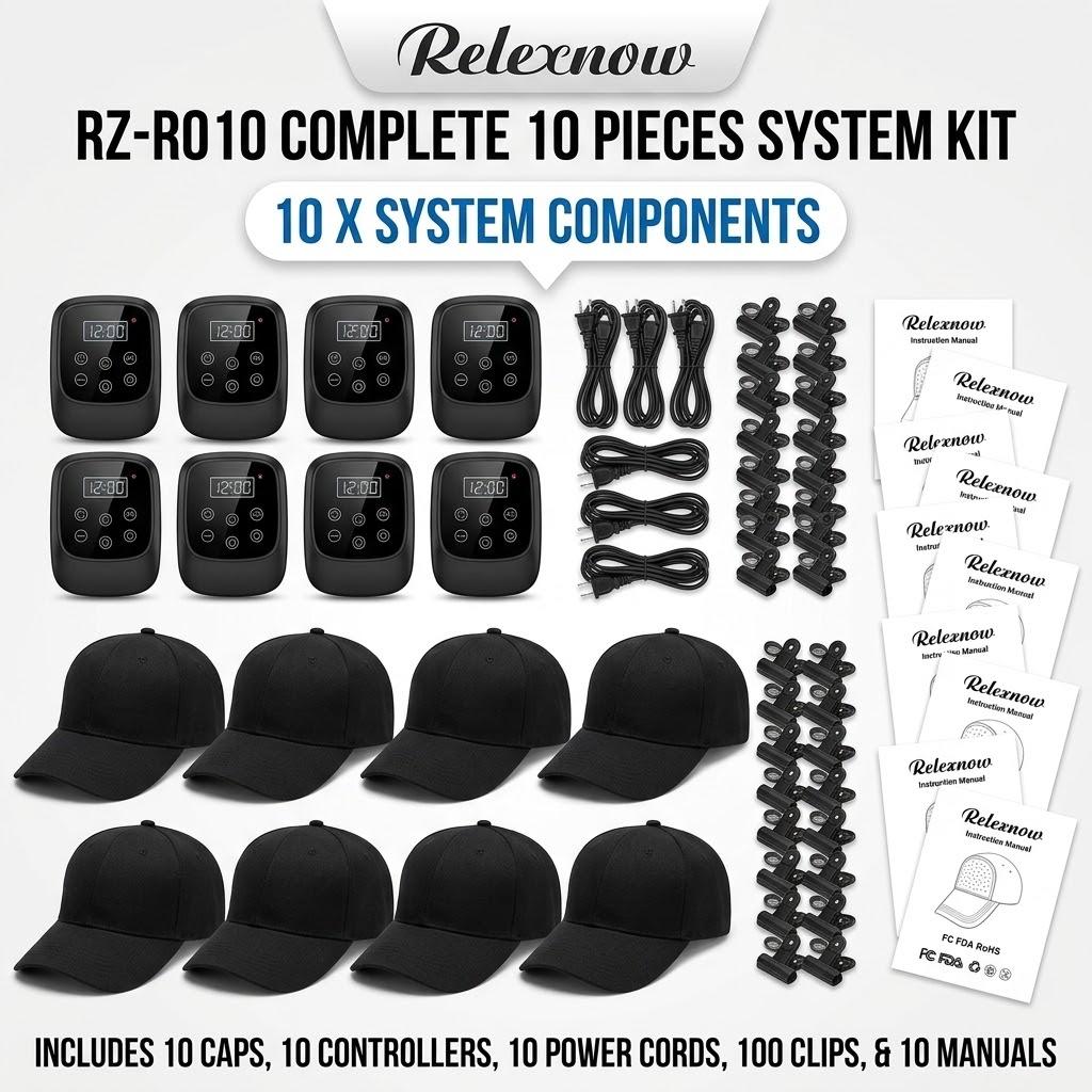 10pk Relexnow Red Light & Near-Infrared Therapy Cap (Model RZ-R010) with 5 Light Modes and Adjustable Timer
