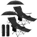 2 Set Camping Chair and Chair Umbrella Set Folding Camp Chair with Footrest Mesh, Lounge Chair with Cup Holder and Storage Bag Reclining for Camping Fishing Outdoor Activities (Black), Small