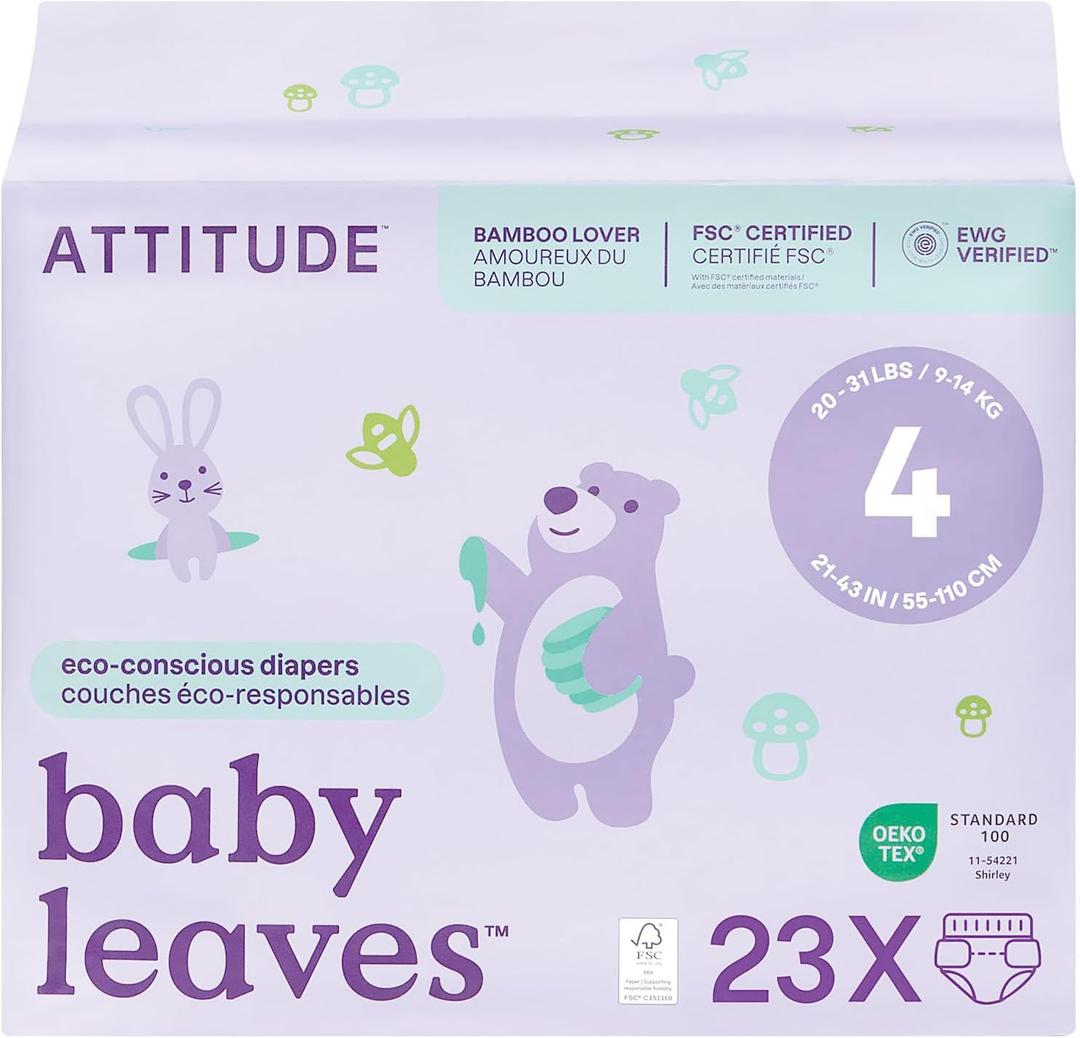ATTITUDE Eco-Conscious Disposable Diapers, EWG Verified, Size 4 (20-31 lbs), Ultra Absorbent for Baby, Vegan & Plant-Based, 23 Count