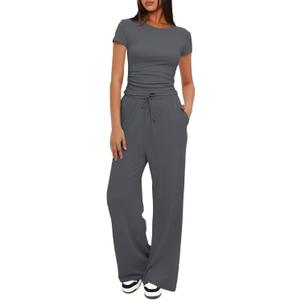 Women's 2 Piece Outfits Lounge Sets 2024 Ruched Short Sleeve Tops with Wide Leg Pants Summer Tracksuit Sets Dark Grey S