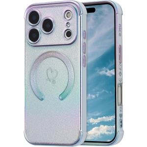 ZTOFERA Magnetic Case for iPhone 17 Pro Case 6.3",Cute Luxruy Iridescent Case with Love Hearts Pattern,Plating Edge Camera Lens Protection Shockproof Phone Case for Women Girls,Blue