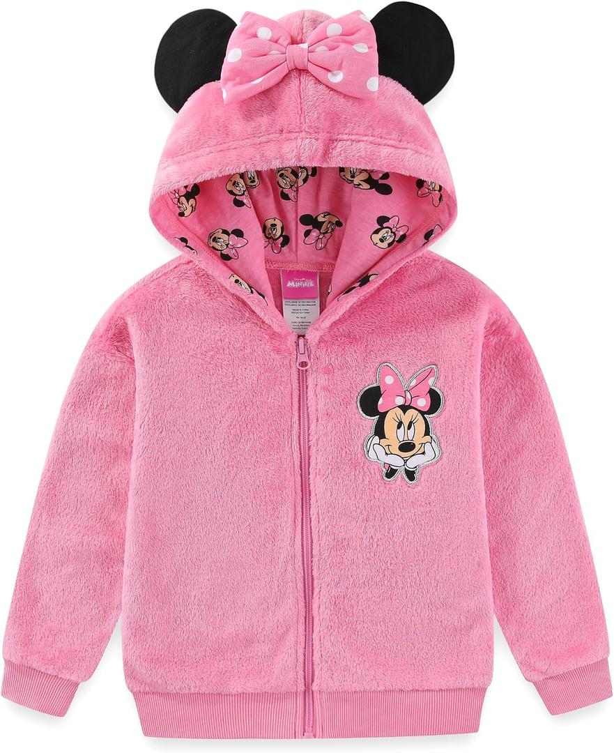 Disney Minnie Mouse Girls Zip Up Coral Fleece Hoodie with Bow and Ears for Toddler and Big Kids, 5