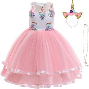 Unicorn Costume, Princess Unicorn Dress Fancy Dress with Necklace, Headband for Kids & Toddlers Birthday (4-5 Years, Pink Fluorescence)