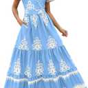 PRETTYGARDEN Womens 2026 Summer Casual V Neck Boho Maxi Dress Flowy Aline Bell Sleeve Tiered Floral Dresses with Pocket (Blue, L)