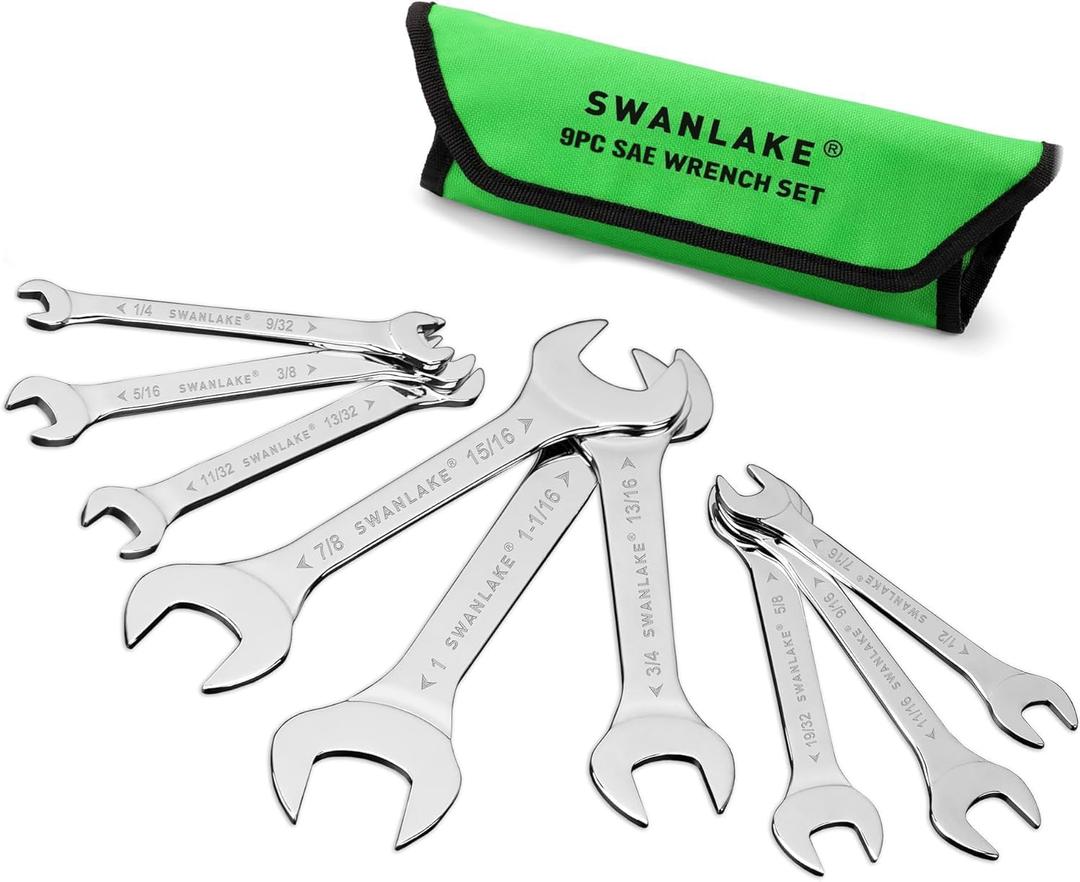 SWANLAKE 9-piece Super-Thin Open End Wrench Set, SAE 1/4", 9/32", 5/16", 3/8", 11/32", 13/32", 7/16", 1/2", 9/16", 11/16", 5/8", 19/32", 3/4", 13/16", 7/8", 15/16", 1", 1-1/16" with Rolling Pouch