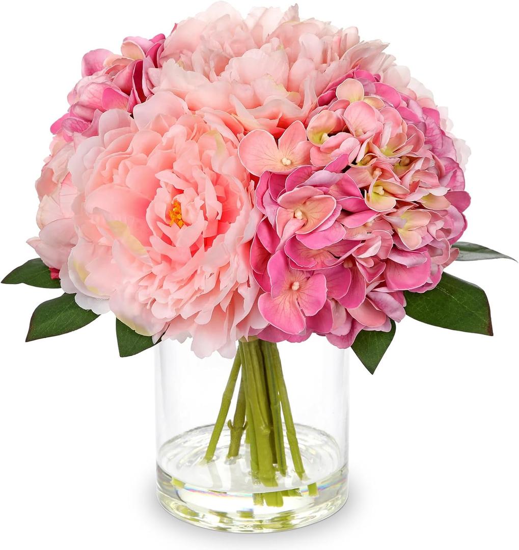 Hollyone Artificial Flowers Arrangements in Vase Pink Peonies and Hydrangea with Faux Water Faux Peony Hydrangea Flowers Silk Hydrangeas Fake Flower with Vase for Table Centerpiece Shelf Home Decor