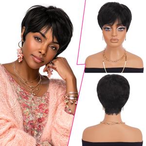 PEACOCO Pixie Cut Wig Human Hair Short Wigs for Black Women Natural Straight Glueless Pixie Wig with Bangs Layered Virgin Short Wigs for Women Black Color 1B