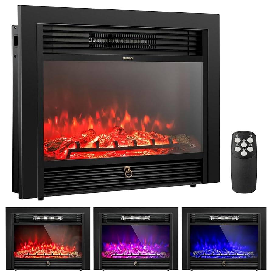 COSTWAY 28.5-Inch Electric Fireplace Inserts, 750W/1500W Wall Recessed and Freestanding Fireplace with 3 Flame Colors, 5 Brightness Settings, 8H Timer, Remote Control, Heater for Indoor Use