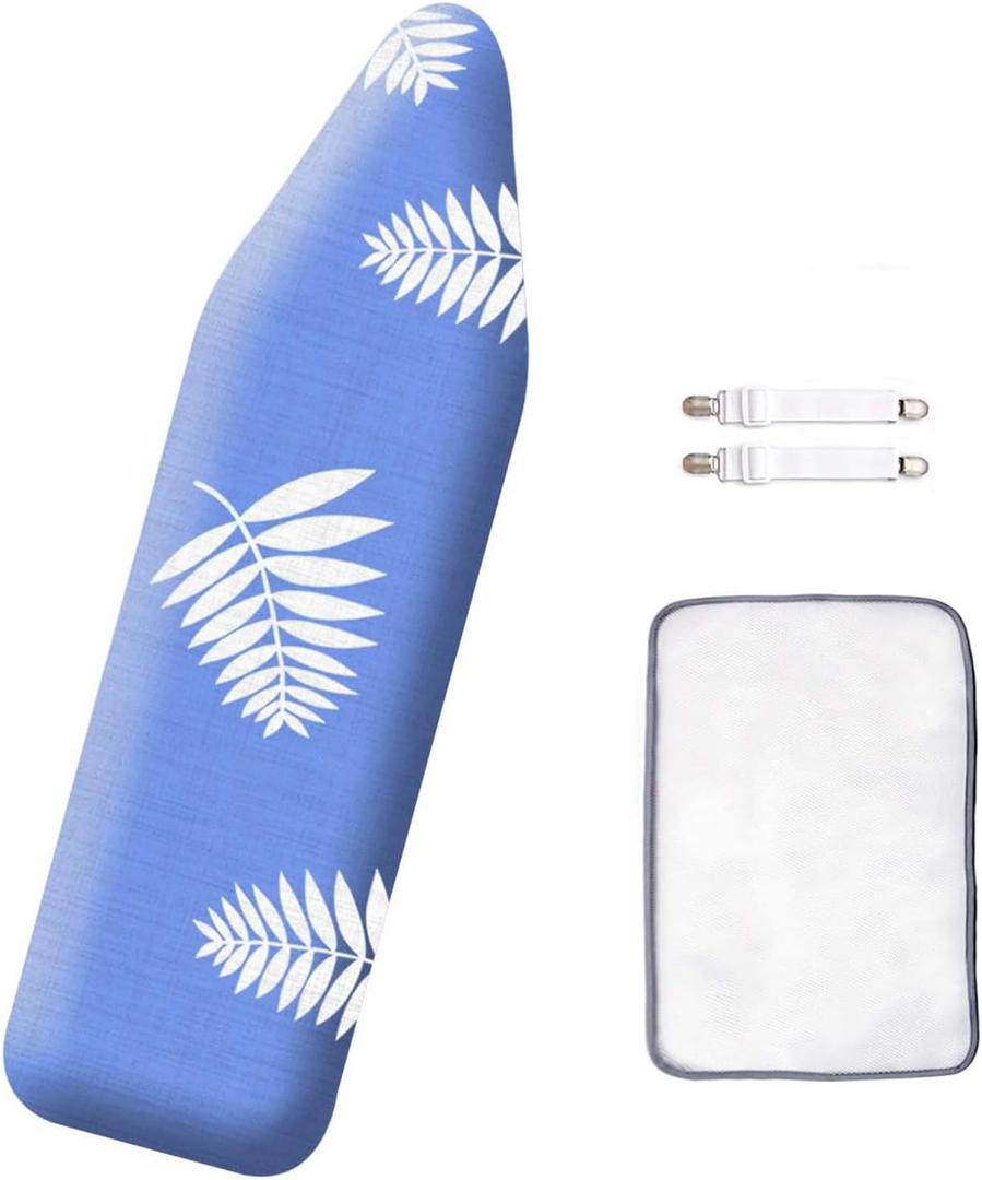 SheeChung 12x42 Inch Ironing Board Cover and Pad -100% Cotton and Heavy-Duty,Snug Fit Over-The-Door & Built in Wall Ironing Board Cover Replacement Pad Cover (Blue+leaf)