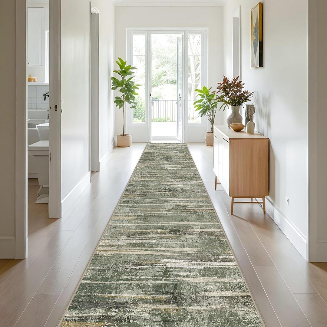 Washable 3x20 Hallway Runner Rug - Extra Long Modern Abstract Kitchen Rugs with Non Slip Backing Soft Low Pile Living Room Bedroom Carpet Durable Indoor Home Decor Floor Mat for Bathroom 3x20 Green