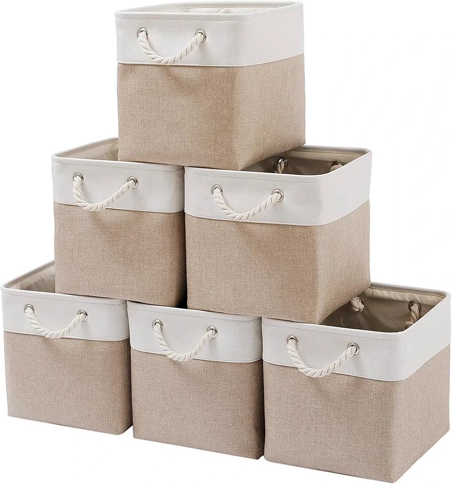 11 x 11 Inch Cube Storage Bins, 6 Pack Large Collapsible Fabric Storage Bin with Ropes, Foldable Storage Cubes for Home, Office, Clothes, Toys Organizer (White & Beige-11"x11"x11")