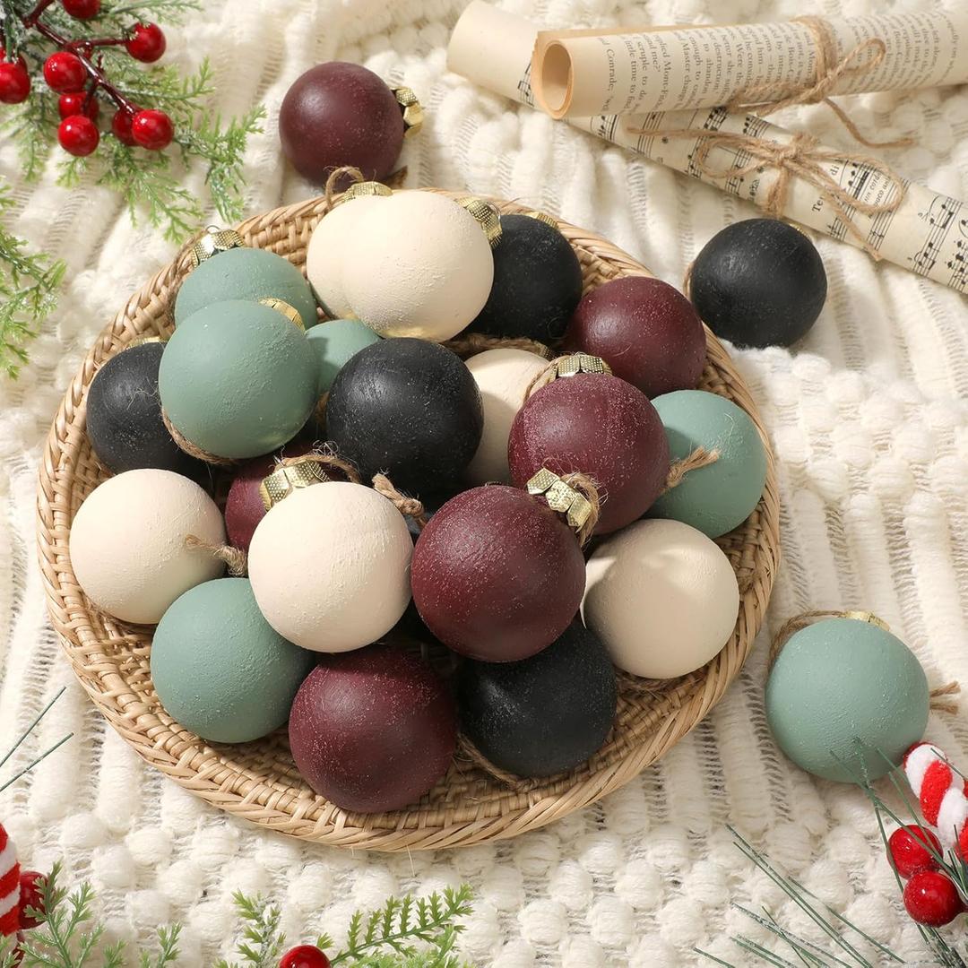 24 Pcs Ceramic Matte Christmas Ball Ornaments Burgundy Forest Green Beige Textured Rustic Neutral Christmas Balls for Xmas Trees Modern Multicolor Ornaments 1.7 Inch for Garland Fireplace Home Decor