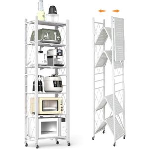6-Tier Foldable Storage Shelves with Wheels, Folding Metal Shelf Unit, Folding Bookshelf no Assembly, Collapsible Shelves for Craft Shows for Kitchen, Bedroom, Living Room, White