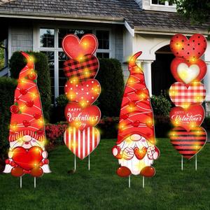 4 Pack Large Valentines Day Decorations Outdoor Valentine's Day Yard Stakes Signs LED Lighted Gnome Heart Outdoor Decorations with Stakes Yard Decor with 9.84 ft String Light for Garden Party