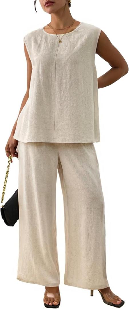 Women's Linen 2 Piece Outfits Loose Top and Pant Suits Summer Vacation Beach Travel Two Piece Lounge Sets