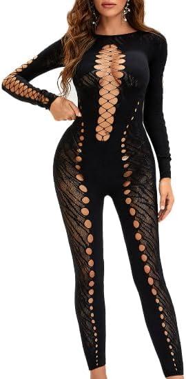 FHSEER Women Sexy See Through Skinny Jumpsuit Long Sleeve Mesh Hollow Out Bodycon Cut Out Romper (A)
