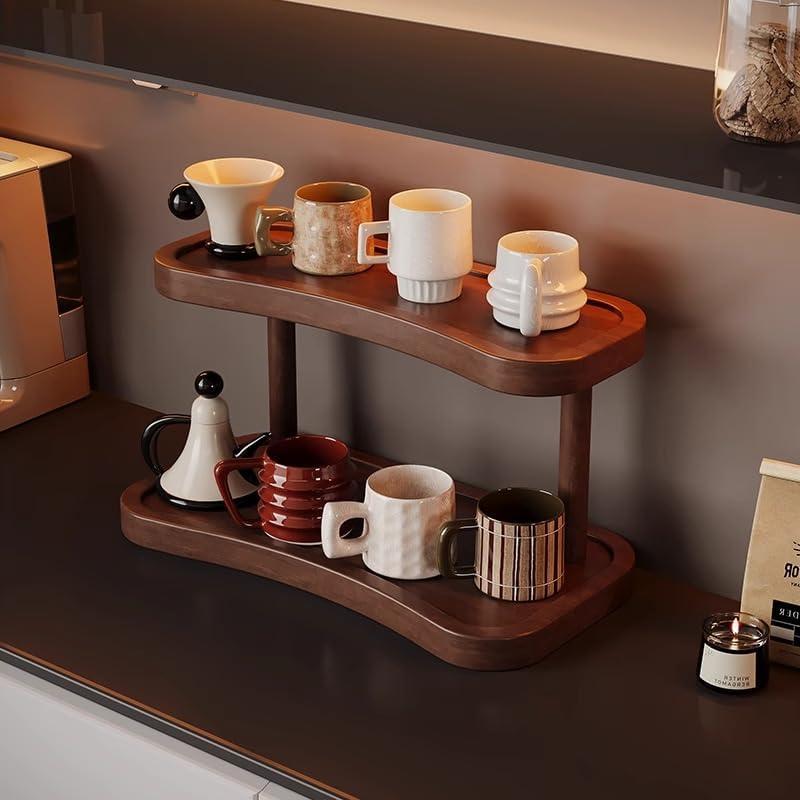 Double Layer Desktop Coffee Station Organizer, Bamboo Wood Countertop Storage Shelf for Kitchen, Mugs, Spices