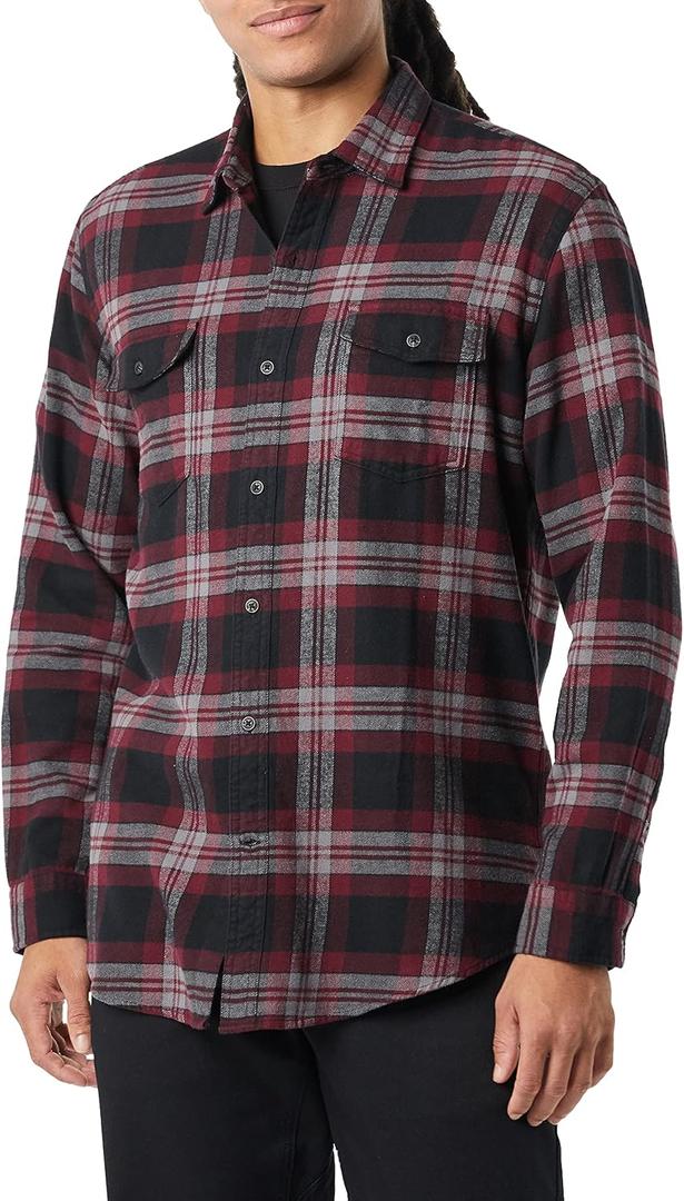 Amazon Essentials Men's Regular-Fit Long-Sleeve Two-Pocket Flannel Shirt (XX-Large, Black Burgundy Plaid)