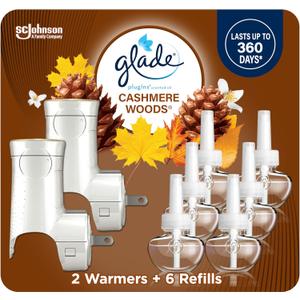 Glade PlugIns Air Freshener Starter Kit, Scented and Essential Oils for Home and Bathroom, Cashmere Woods, 4.02 Fl Oz, 2 Warmers and 6 Refills