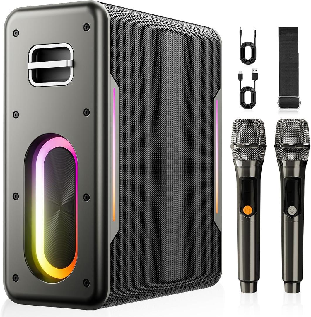 Karaoke Machine with 2 Wireless Microphones, Portable Bluetooth Karaoke Speaker for Adults, 2 Voice Mode & LED Party Lights, Party Birthday Gifts for Kids Family,Supports BT/TWS/AUX/USB/TF (Black)