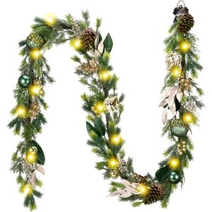 DecorbyHannah Christmas Garland with Lights, 9Ft Prelit Christmas Garland for Mantle, Stairs Railing, Lighted Xmas Garlands with Pine Cone, Bow Ornaments for Home Outdoor Decor(Green Gold)