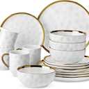LOVECASA 16 Pieces Plates and Bowls Sets, Porcelain White and Gold Dinnerware Sets, Round Dinner Plates Dishes Set Service for 4, Dishwasher Safe and Scratch Resistant, White (16 Piece (Service for 4))