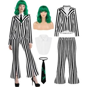 RUODON 5PCS Women Black and White Striped Blazer Pants Pinstripe Suit with Green Curly Wig and Tie, Halloween Cosplay Costume, Size M