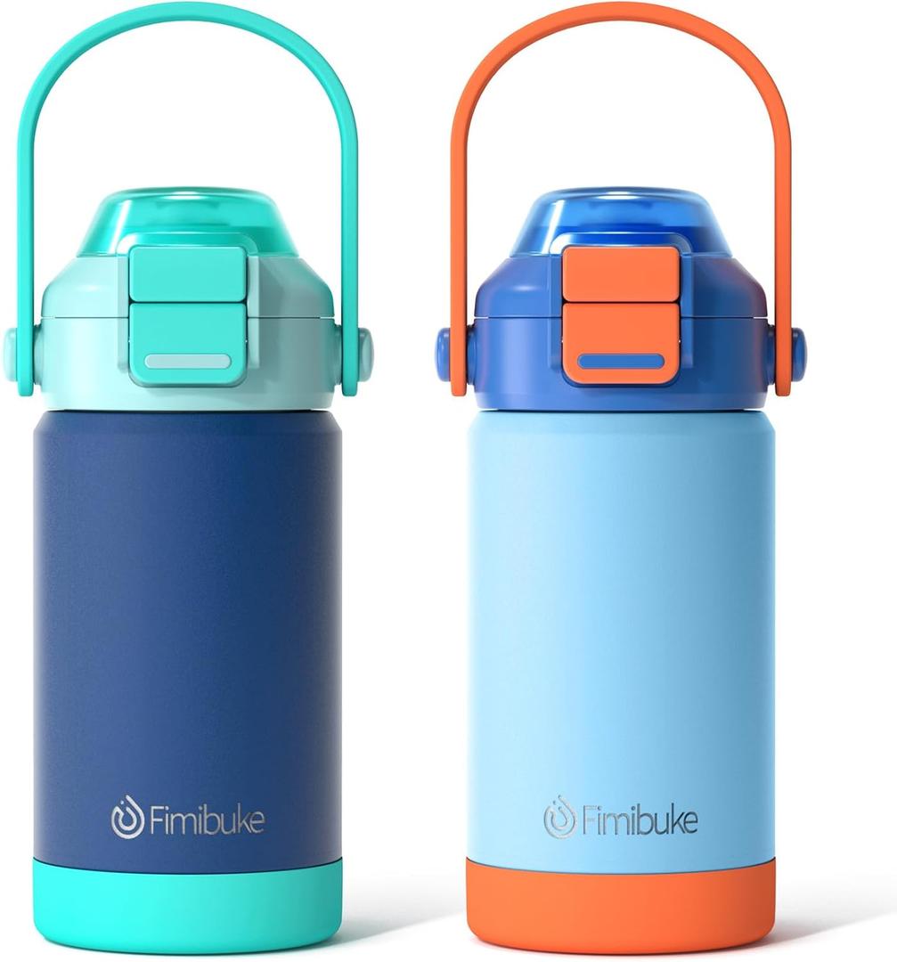 Kids Insulated Water Bottle with Pop-Open Straw & Spout 2-in-1 Lid, 14oz Leak Proof 18/8 Stainless Steel Vacuum Tumbler, BPA-Free Kids Cup For Travel School Boys Girls Toddler 2 Packs,Sea World