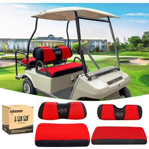 10L0L Golf Cart Front Rear Seat Cover Set for EZGO TXT RXV & Club Car DS 2000-up(Flat Backrest), Made w/ 3D Air Mesh Polyester Fabric Breathable Washable (Red & Black)