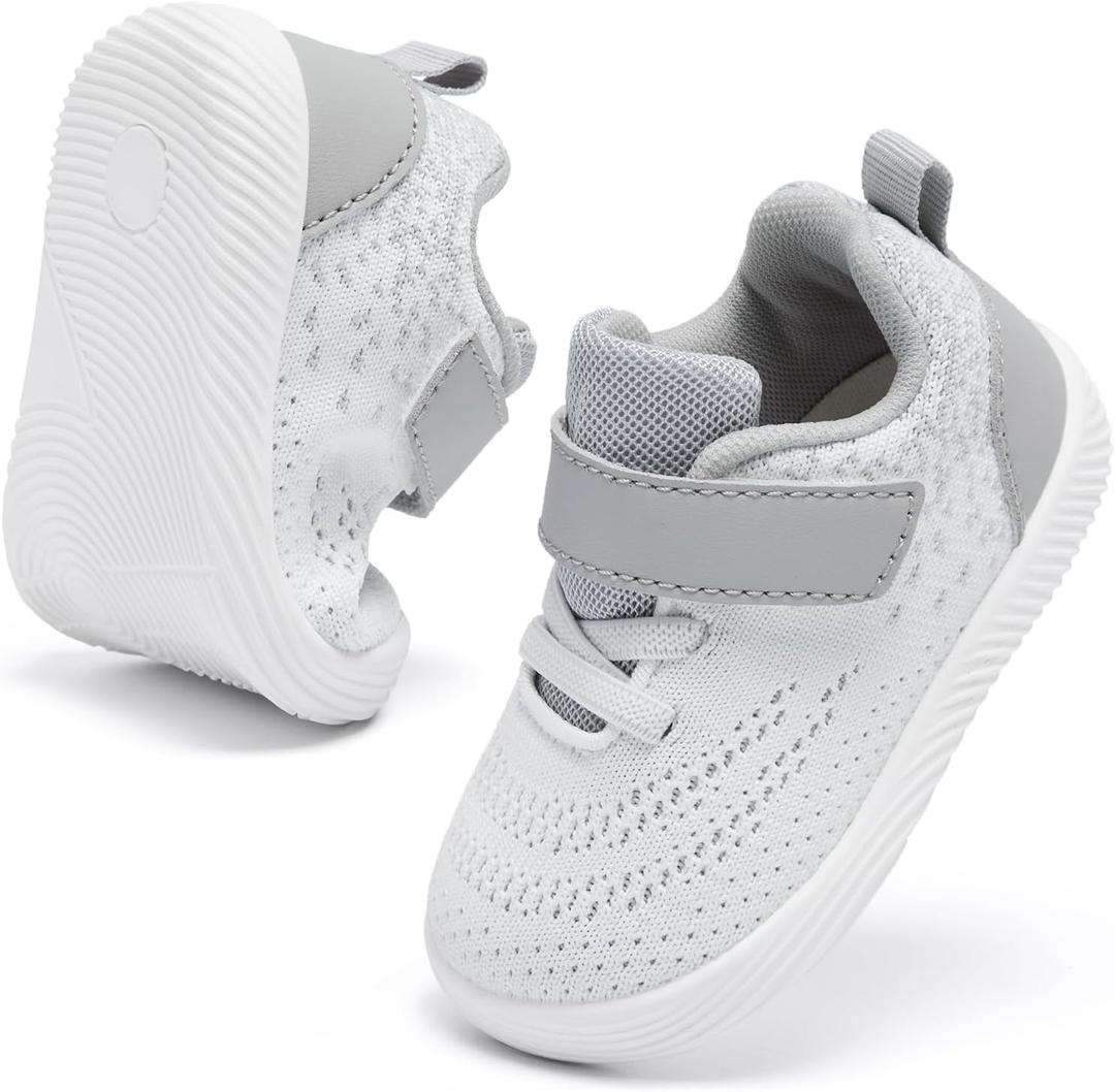 MORENDL Toddler Sneakers Baby Boys & Girls Barefoot Shoes Lightweight Breathable Walking Running Tennis Athletic Sport Shoes White Gray 15-18 Months Size 6