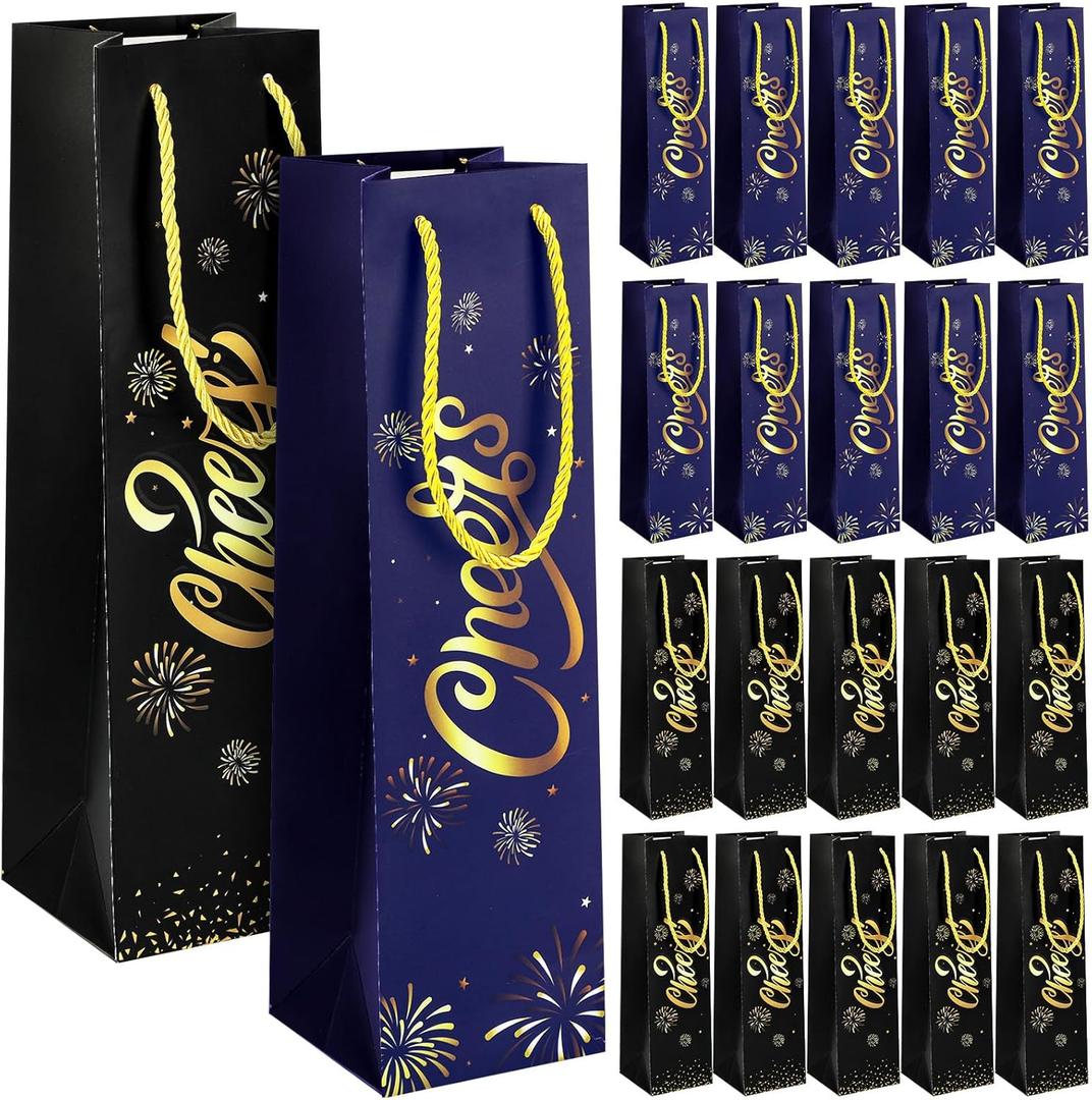 Zonon 40 Pcs Wine Gift Bags for Bottles with Rope Handle and Cheers Lettering Black Blue Paper Favor Bag Wine Bottles Gold Foil Print Bags for Wedding Engagement Holidays