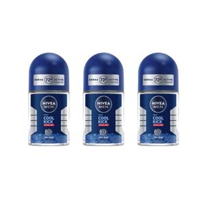NIVEA Men Cool Kick Anti-Perspirant Roll-On Deodorant 25ml  72 Hour Sweat & Odor Protection, Refreshing Cool Formula with Masculine Scent, Skin Comfort, Quick Dry, Long-Lasting Freshness, 3 Pack