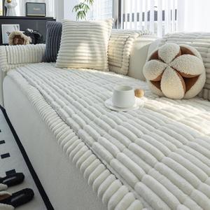 Sofa Couch Cover, Sofa Covers for Dogs Washable, Non-Slip Striped Sofa Slipcovers for Sectional Sofa, Sofa Cover Furniture Protector for L Shaped(Beige White, 27.6"x 59")