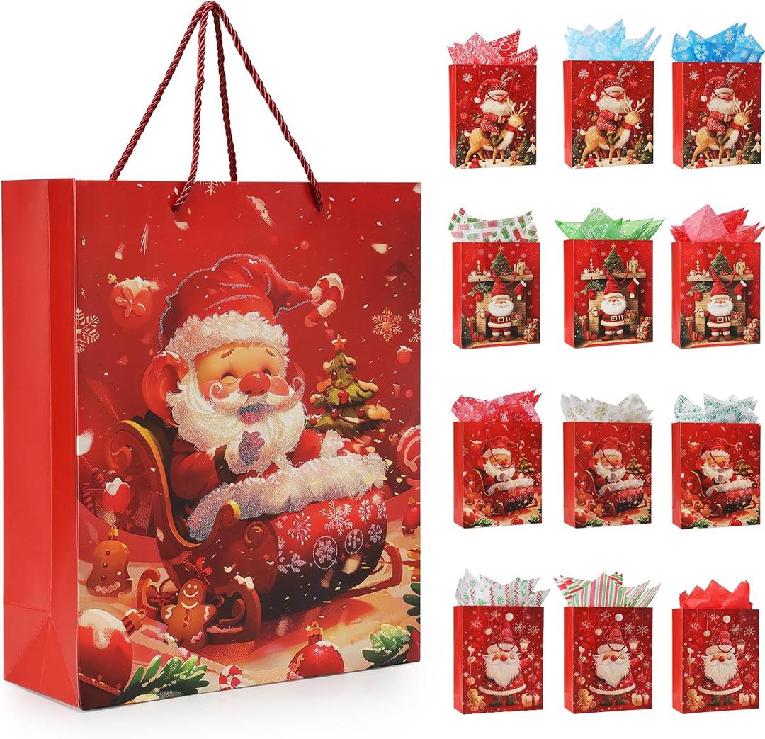 Rusikia Mini 12 Christmas Gift Bags with 12 Tissues Paper 1 Satin Ribbon, Red Party Favor Bags Bulk with Handles, Glittery Cute Father Christmas Goodie Bag for Wrapping, Present (Small 9"x7"x3")