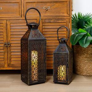JHY DESIGN Set of 2 Vintage Decorative Candle Lanterns 19"&14''H Halloween Metal Candle Holders with Hollow Pattern for Garden Porch Shelf Indoor Outdoor Parties Weddings Patio(Black Brushed Gold)