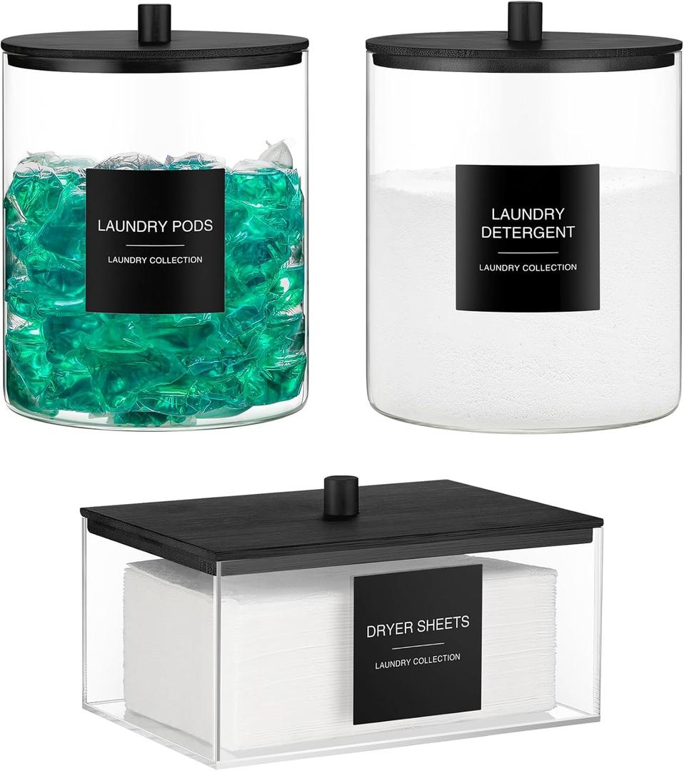 Glass Jars and Acrylic Dryer Sheet Holder, Laundry Pods Container with Bamboo Lid and 27 Labels, Powder Detergent Containers for Laundry Room Organization, Storage Jars Set (3 Pack, Black)