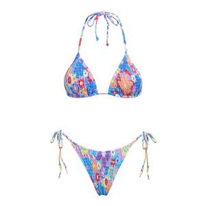 VOLAFA Women's Triangle Bikini Set String Swimsuit Print Tie Smocked Ruched Two Piece Bathing Suit (Small, Blue Floral1)