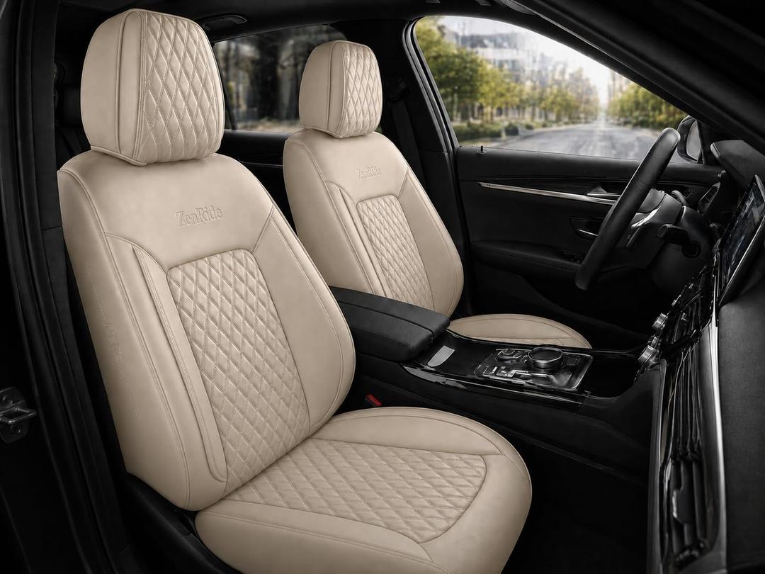 Beige Thick Nappa Leather Automotive Front Car Seat Covers Set of 2