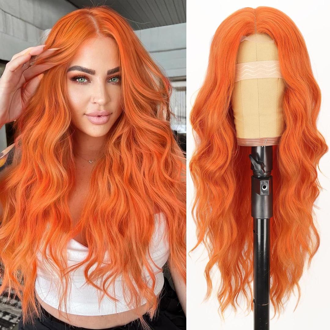 AISI HAIR Orange Wig for Women, Long Wavy Lace Hairline Middle Part Synthetic Heat Resistant Wig for Daily Party-26 Inch