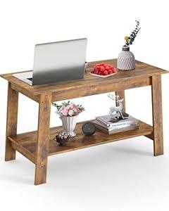 Coffee Table, 31.49'' Small Living Room Tables, 2-Tier Rustic Coffee Table for Living Room, Modern Farmhouse Style Rectangular Wood Table Home Office, Bedroom, Apartment, Brown 