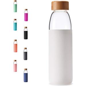 veegoal 18 Oz Borosilicate Glass Water Bottles with Bamboo Lid, BPA-FREE, Non-Slip Silicone Sleeve, and Stainless Steel Leak Proof Lid - Reusable Glass Bottle for Men and Women (White)