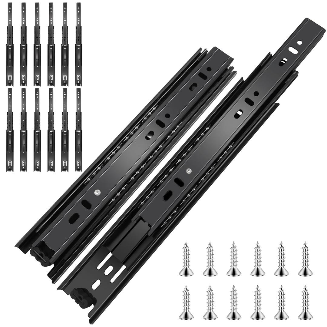 16 inch Ball Bearing Drawer Slides 6 Pairs (8pcs) - 100LB Capacity, Full Extension Side Mount Slides for Kitchen Cabinets, Wardrobes, Office Furniture (Black 16inch)