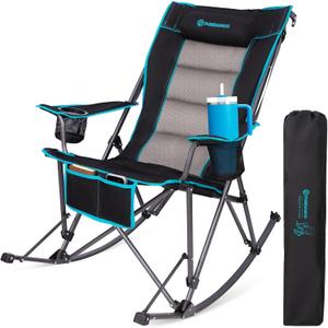 FUNDANGO Oversized Rocking Camping Chair for Adults, High Back Padded Folding Lawn Chairs with Pillows, Wide Armrest, 2 Cup Holders, Carry Bag for Patio Garden Outdoor Supports 440Lbs (Black) (Black Rockcomfy-1 Pack)