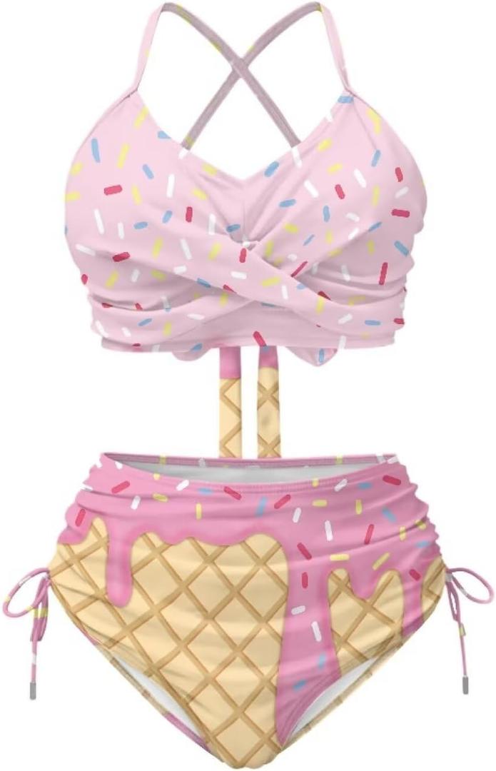 Womens High Waisted Bikini Sets Crisscross Back 2 Piece Swimsuit Tummy Control Swim Suit (Pink, XL)