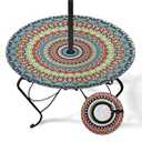 Boho Round Outdoor Tablecloth with Umbrella Hole, Green Fitted Table Cover with Zipper, Outdoor Camping Essentials, Waterproof Umbrella Table Cloth with Elastic (45''-54'')